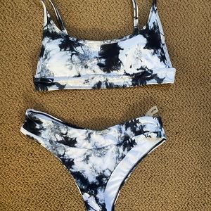 SHEIN bathing suits, all too big on me, two high-waisted and a one-piece